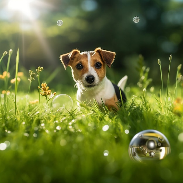 pies siedzi na trawie z piłką w trawie.