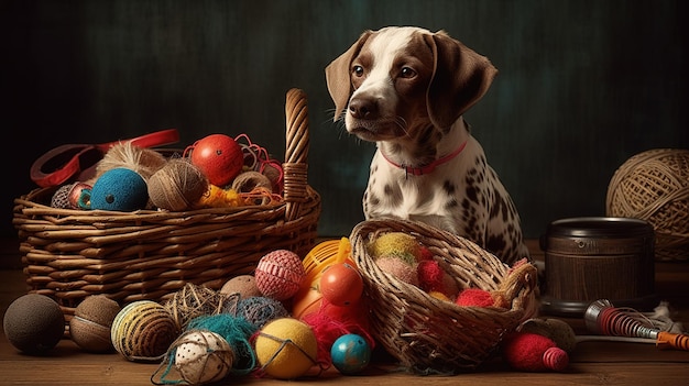 Pies siedzi obok kosza z piłkami