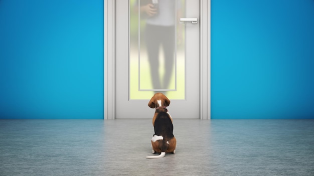 Pies siedzi przed drzwiami i patrzy na nogi człowieka.