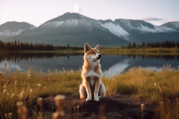 Pies siedzi w pobliżu rzeki w górach Generuj Ai