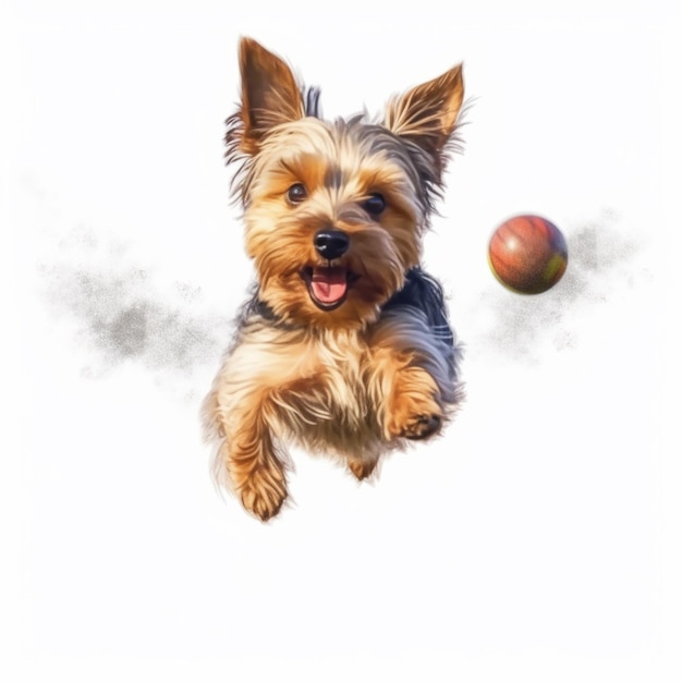 Pies skaczący z piłką w pysku.