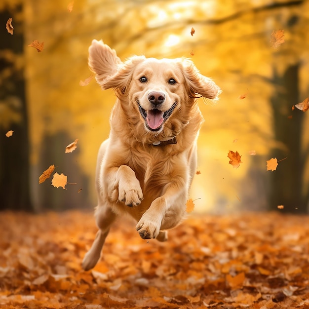 Pies skacze w powietrzu z liśćmi spadającymi z ziemi.