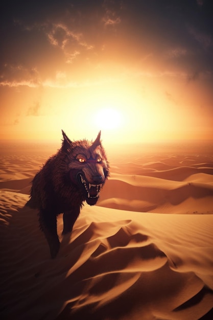 Pies spacerujący po pustyni o zachodzie słońca Obraz generatywny AI