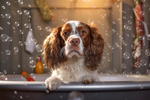 Pies spaniel biorący kąpiel z pianką i bąbelkami wygenerowanymi ai