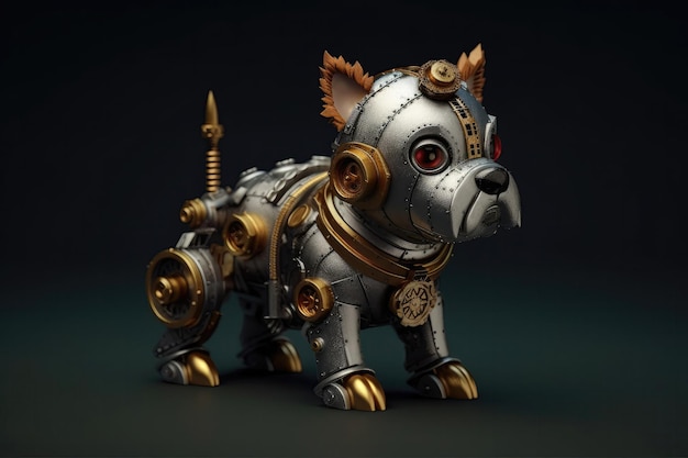 Pies steampunk na zadymionym szarym tle generatywnej sztucznej inteligencji