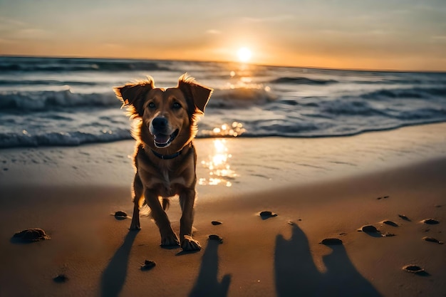Zdjęcie pies stoi na plaży i zachodzi słońce.