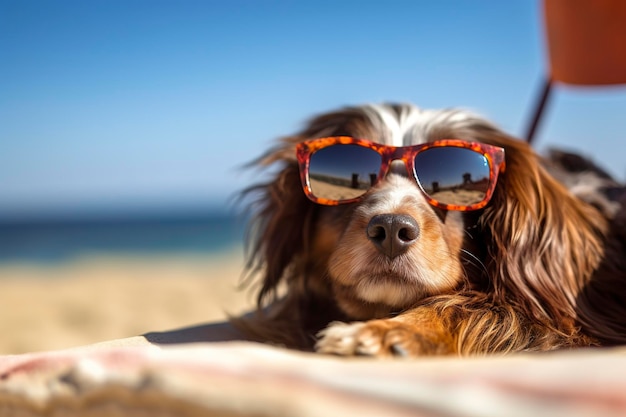 Pies Szczeniak w okularach przeciwsłonecznych leżący na leżaku do opalania się nad morzem na plaży podczas letnich wakacji Zabawna koncepcja AI Generative