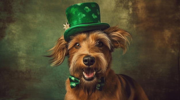Pies terrier świętuje Dzień Świętego Patryka, irlandzkie święto w marcu zielony kapelusz garnitur wygenerował ai