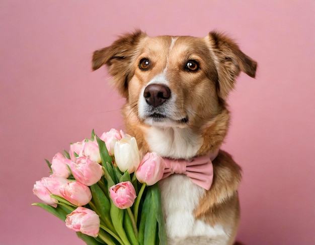 Pies trzymający bukiet tulipanów na różowym tle koncepcja Dnia Matki