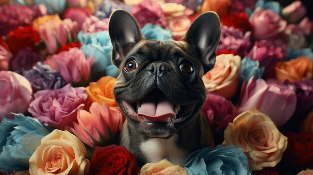 Pies trzymający bukiet tulipanów w zębach HD Twarza tła pulpitu Twarza