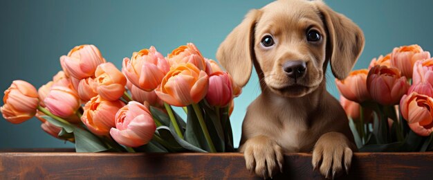 Zdjęcie pies trzymający bukiet tulipanów w zębach