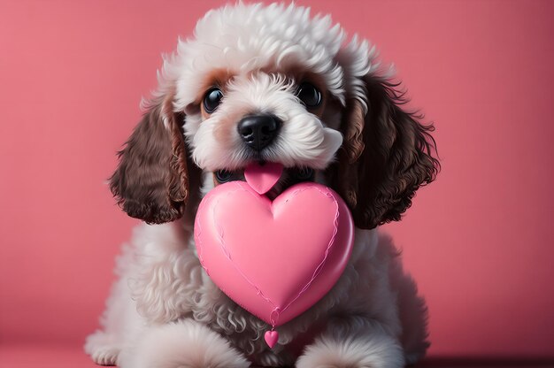Pies trzymający różowe cukierki w kształcie serca