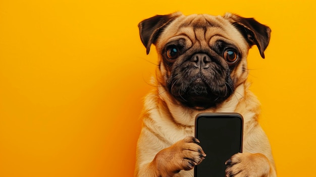 Pies trzymający telefon komórkowy z łapami na prostym żółtym tle symulujący zdjęcie studyjne