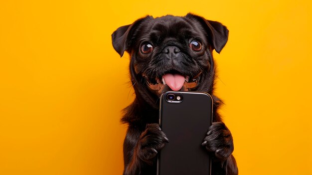 Pies trzymający telefon komórkowy z łapami na prostym żółtym tle symulujący zdjęcie studyjne