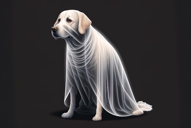 Pies ubiera się jak duch na Halloween odizolowany na ciemnym tle