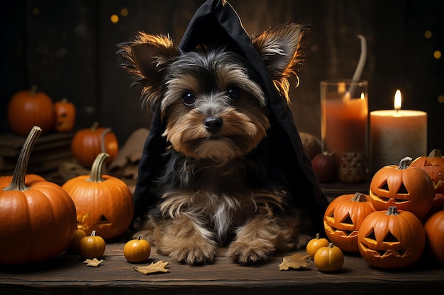 pies ubrany w czarną bluzę czarodzieja w Halloween Wygenerowano sztuczną inteligencję