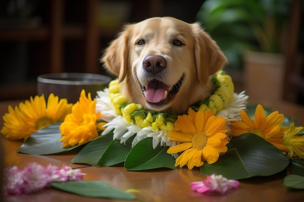 pies ubrany w lei z kwiatami i kwiatkiem na nim