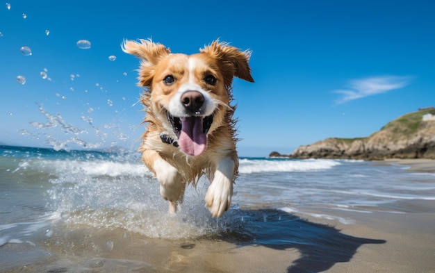 Pies uwolnionego szczęścia biegający swobodnie po plaży