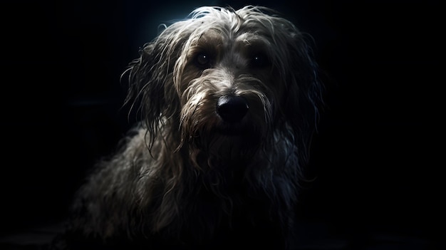 Pies w ciemności ze światłem na nim