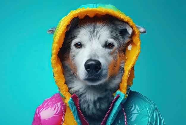 Pies w ciepłych ubraniach nie lubi zimnej pogody w stylu kolorowego absurdyzmu