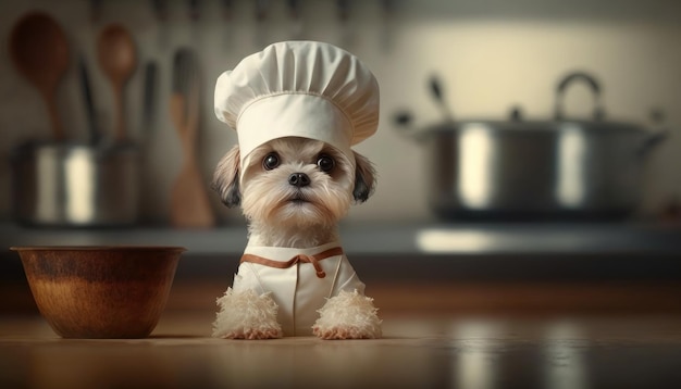 Pies w czapce szefa kuchni siedzi na kuchennym blacie.