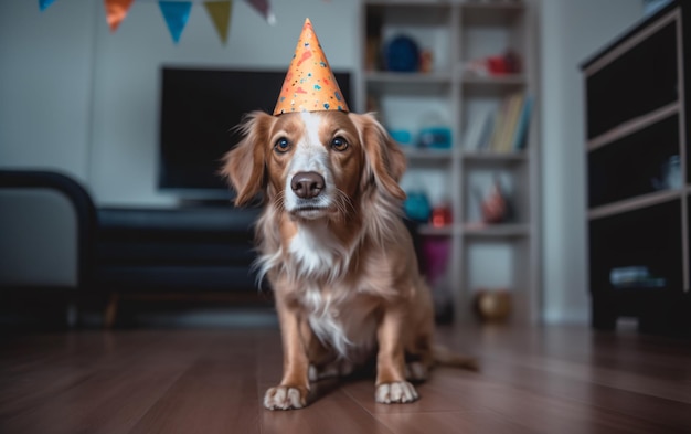 Pies W Czapce Urodzinowej W Kapeluszu W Generatywnej Ai Wnętrza Domu