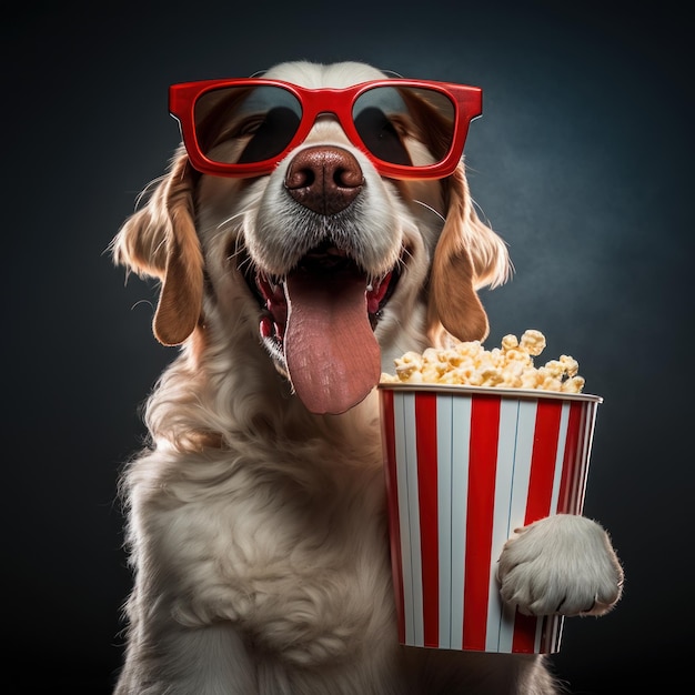Pies w czerwonych okularach trzyma wiadro popcornu przed ciemnym generatywnym tłem Ai