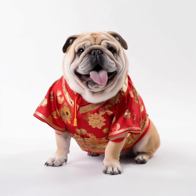 Pies w czerwonym chińskim stroju z napisem „mops”.