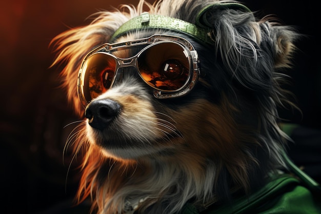 Pies w futrze ze złotymi okularami fotorealistyczny fantasy styl dieselpunk pokolenie ai