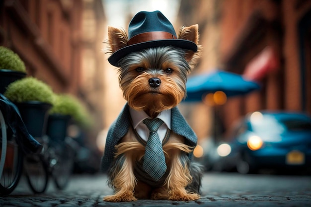 Pies w garniturze i kapeluszu siedzi na ulicy.