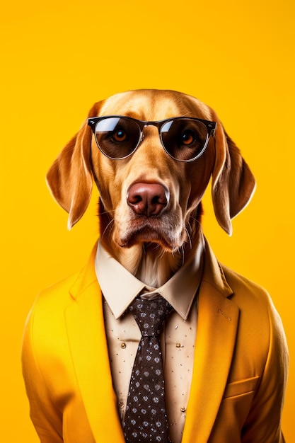 Pies w garniturze i krawacie, z okularami przeciwsłonecznymi na głowie. Generacyjna sztuczna inteligencja
