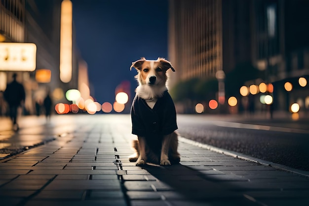 Zdjęcie pies w garniturze siedzi na chodniku w mieście w nocy.