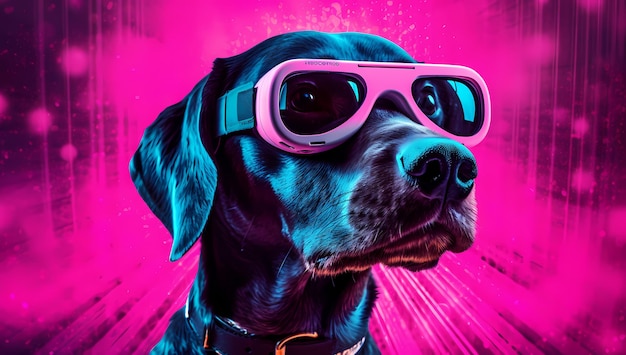 Pies w goglach VR Rzeczywistość wirtualna Symulacja VR Metaverse i cyberprzestrzeń Rzeczywistość rozszerzona AR Cyberpunk Generative Ai