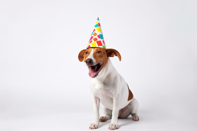 Pies w imprezowej czapce w dniu urodzin na wakacjach Białe tło izolacji Wygenerowana sztuczna inteligencja