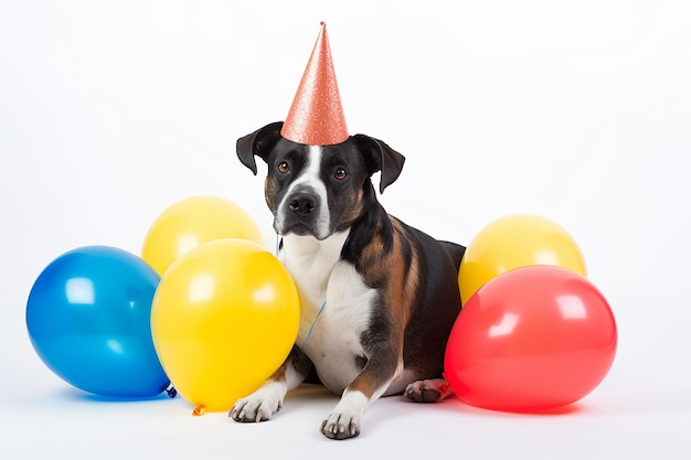 Pies w imprezowym kapeluszu siedzi wśród balonów