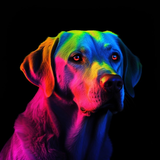 Pies w jaskrawych kolorach ze świecącymi oczami w ciemnym pokoju z generatywnym ai czarnym tłem