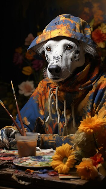Zdjęcie pies w kapeluszu i chustce siedzący przy stole z farbą i pędzlami generatywny ai