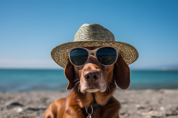 Pies w kapeluszu i okularach przeciwsłonecznych na plaży Wakacje ze zwierzętami domowymi