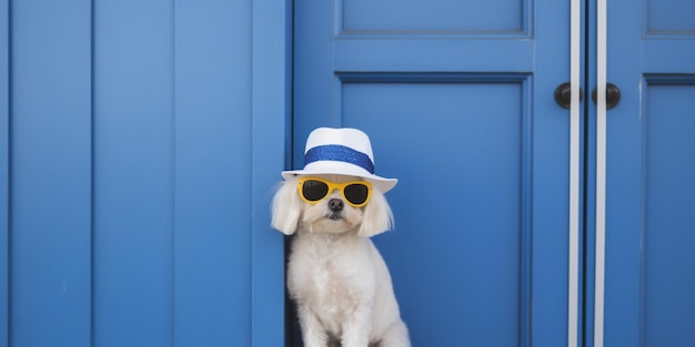 Pies w kapeluszu i okularach przeciwsłonecznych stoi przed niebieskimi drzwiami.