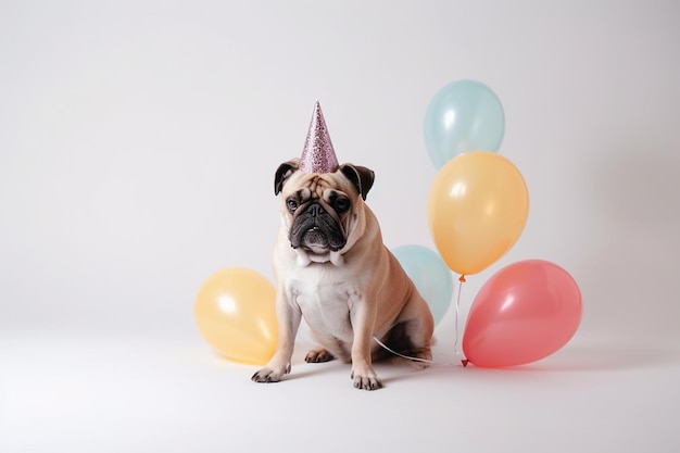 Pies w kapeluszu imprezowym siedzi przed białym tłem balonów