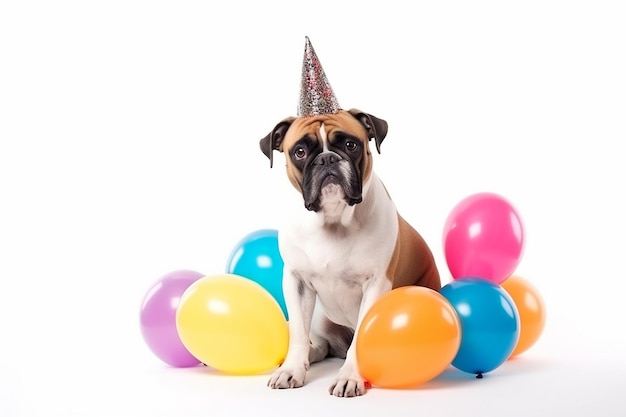 Pies w kapeluszu imprezowym siedzi wśród balonów odizolowanych na biało