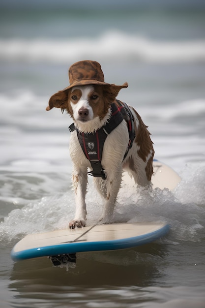 Pies w kapeluszu jeździ na desce surfingowej po oceanie.