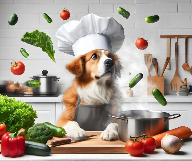 Pies w kapeluszu szefa kuchni i fartuchu gotujący z warzywami latającymi z przestrzenią do kopiowania