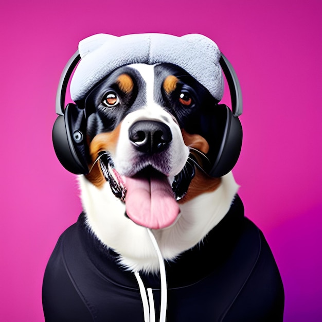 Pies w kapeluszu ze słuchawkami na uszach