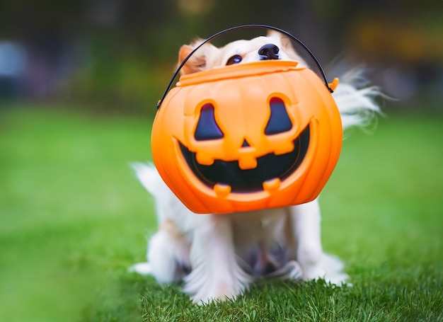 Pies w kostiumie ducha siedzący między dyniami na Halloween