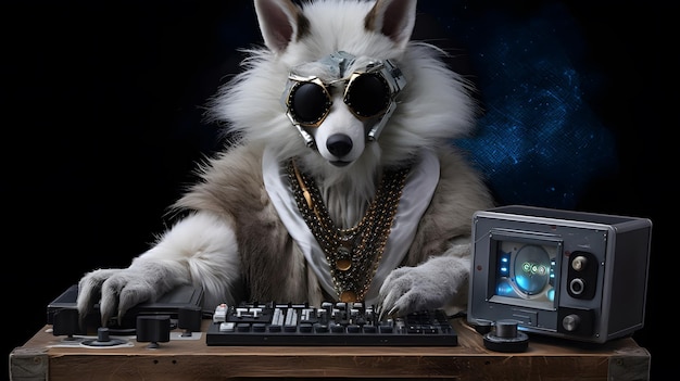 Pies w kostiumie gra na klawiaturze, a za jego plecami świeci się niebieskie światło.