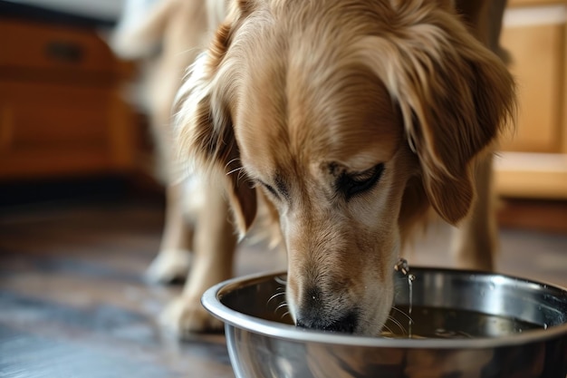 Pies w kuchni pijący wodę z metalowej miski z chromem