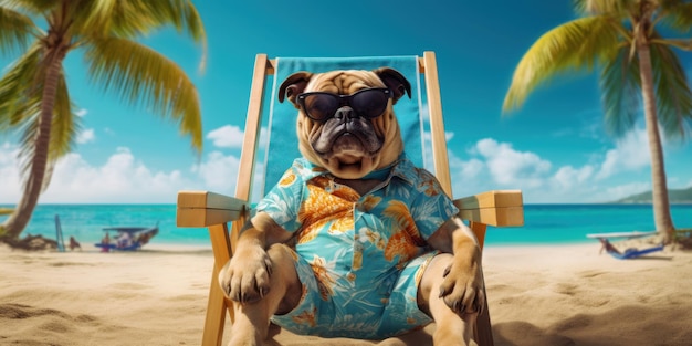 Pies w letniej koszuli i okularach przeciwsłonecznych Zrelaksuj się na krześle plażowym Generative AI