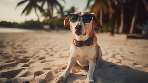 Pies w muszce i okularach przeciwsłonecznych siedzi na plaży.