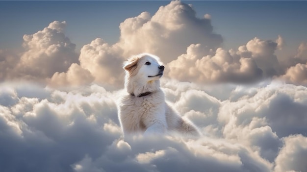 Pies w niebie w chmurach w raju po śmierci szczęśliwy odpoczynek życie wieczne duszy Biały Anioł wygenerował ai